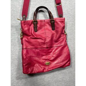 Fossil Explorer Tote Dark Pink Leather Foldover Crossbody Purse‎